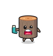 tree stump mascot having asthma while holding the inhaler