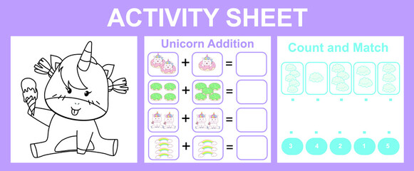 Activity sheet for children. Educational printable worksheet. Unicorn worksheet theme. Motor skills education. Vector illustrations