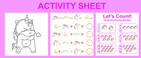 Activity sheet for children. Educational printable worksheet. Unicorn worksheet theme. Motor skills education. Vector illustrations