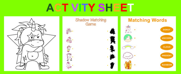 Activity sheet for children. Educational printable worksheet. Unicorn worksheet theme. Motor skills education. Vector illustrations