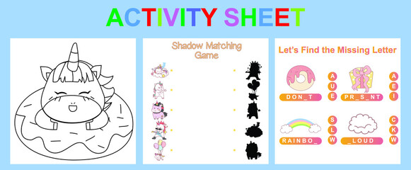 Obraz premium Activity sheet for children. Educational printable worksheet. Unicorn worksheet theme. Motor skills education. Vector illustrations
