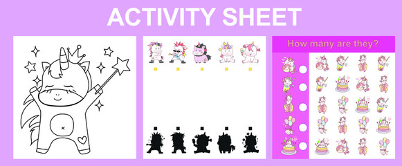 Fototapeta na wymiar Activity sheet for children. Educational printable worksheet. Unicorn worksheet theme. Motor skills education. Vector illustrations