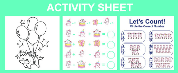 Activity sheet for children. Educational printable worksheet. Unicorn worksheet theme. Motor skills education. Vector illustrations