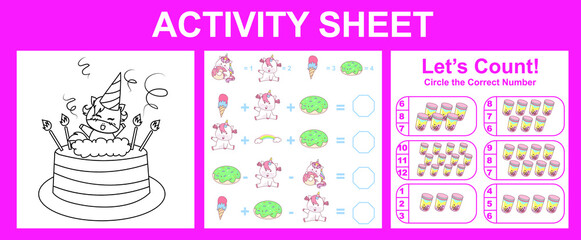Activity sheet for children. Educational printable worksheet. Unicorn worksheet theme. Motor skills education. Vector illustrations