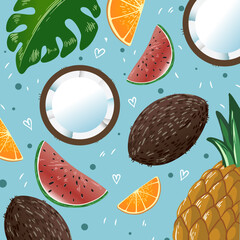 Vector Tropical Fruits Pattern Background. Cute style Watermelons, coconuts, pineapples, lemons and tropical leaves on blue background. Use for poster, card, design, print, pattern
