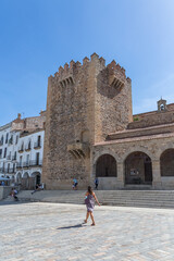View at the Torre Bujaco, Arco de la Estrella and other heritage buildings on Plaza Mayor in Cáceres city downtown