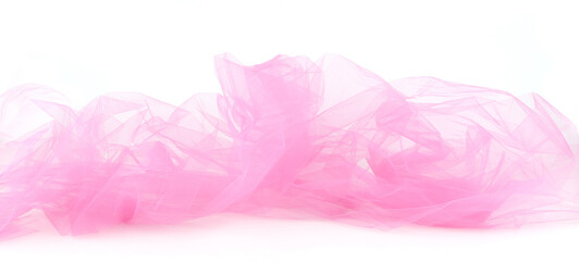 Abstract pink tulle fabric isolated on white background. Bright transparent material curve wave on...