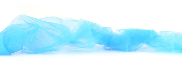 Abstract blue tulle fabric isolated on white background. Bright transparent material curve wave on...