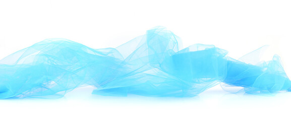 Abstract blue tulle fabric isolated on white background. Bright transparent material curve wave on white.