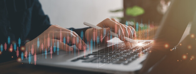 Technology and business investment stock market finance concept with laptop.