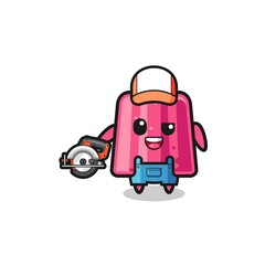 the woodworker jelly mascot holding a circular saw