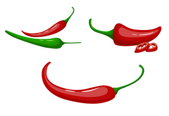 Set of chili peppers isolated on white background. Red and green chili peppers. Mexican food. Mexico. Sharp, burning, burning. Spices. Cartoon style. One object. Vector illustration