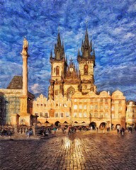 Fototapeta premium Real painting modern artistic artwork Prague Czechia drawing in oil city center vintage houses and architecture, Europe travel, wall art print for canvas or paper poster, tourism production design