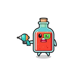 cute square poison bottle holding a future gun