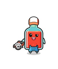 the woodworker square poison bottle mascot holding a circular saw