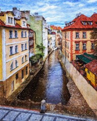 Fototapeta na wymiar Real painting modern artistic artwork Prague Czechia drawing in oil city center vintage houses and architecture, Europe travel, wall art print for canvas or paper poster, tourism production design