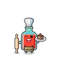 square poison bottle as pastry chef mascot hold rolling pin