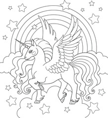 Cartoon unicorn with lush mane. Vector outline for coloring