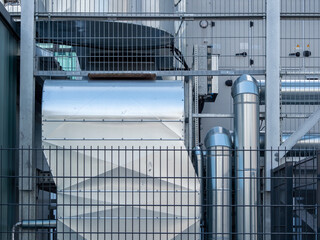 Factory airflow system. Industrial ventilation. cleaning system air pipes.