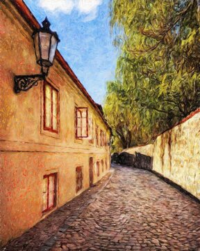 Real painting modern artistic artwork Prague Czechia drawing in oil city center vintage houses and architecture, Europe travel, wall art print for canvas or paper poster, tourism production design