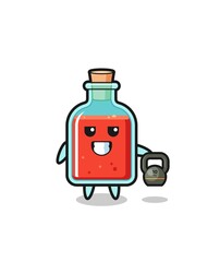 square poison bottle mascot lifting kettlebell in the gym