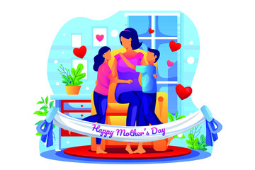 Celebration of children together with their mother in the living room hugging with gifts