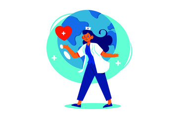 long-haired nurse's day with a heart and a background of planet earth