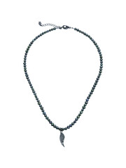 Female silver wing shaped pendant with dark blue beads necklace isolated on white