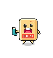 cement sack mascot having asthma while holding the inhaler