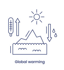 Problem global warming line icon. Global temperature rise, melting ice, sea level rise, climate change. Vector illustration with caption, isolated on a white background.