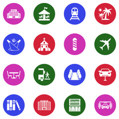 Places Icons. White Flat Design In Circle. Vector Illustration.