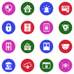 Protection And Security Icons. White Flat Design In Circle. Vector Illustration.
