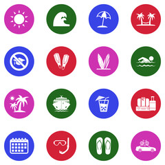 Summer Break Icons. White Flat Design In Circle. Vector Illustration.