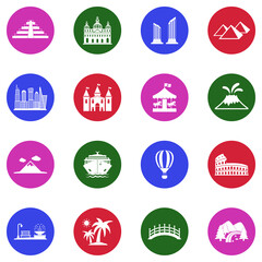 Tourist Attractions Icons. White Flat Design In Circle. Vector Illustration.