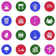 Town Square Icons. White Flat Design In Circle. Vector Illustration.