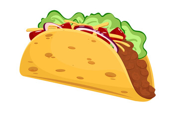 Mexican taco food. Traditional tacos isolated on a white background. Mexican cuisine, fast food. corn cake. Cartoon style. Vector illustration