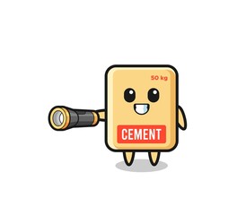 cement sack mascot holding flashlight