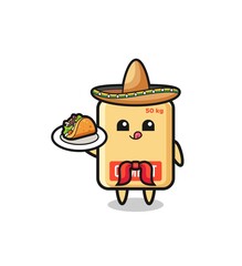 cement sack Mexican chef mascot holding a taco