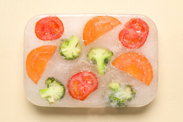 Fresh vegetables frozen in ice on beige background