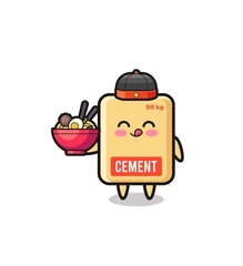 cement sack as Chinese chef mascot holding a noodle bowl