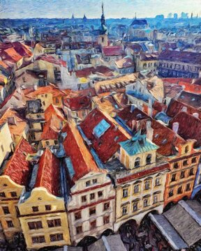 Real painting modern artistic artwork Prague Czechia drawing in oil city center vintage houses and architecture, Europe travel, wall art print for canvas or paper poster, tourism production design