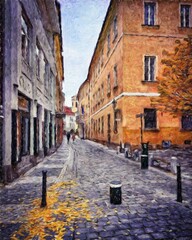 Obraz na płótnie Canvas Real painting modern artistic artwork Prague Czechia drawing in oil city center vintage houses and architecture, Europe travel, wall art print for canvas or paper poster, tourism production design