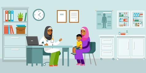 Pediatrician doctor concept. Young muslim woman practitioner and happy family with mother and kid in flat style.