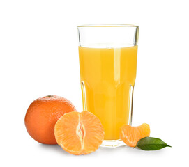 Glass of delicious tangerine juice on white background