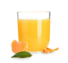 Glass of delicious tangerine juice on white background