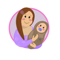 Happy Mother's day illustration. Flat style illustration of cute mom and baby, for mothers day, baby. Flat vector illustration style. Mother with son baby. Isolated on white background.