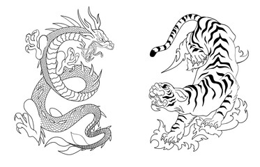 dragon fighting with tiger around yin yang symbol tattoo illustration
