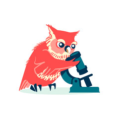 Wise owl looking through microscope. Clever bird scientist, teacher or student character. Back to school concept cartoon vector illustration on white background