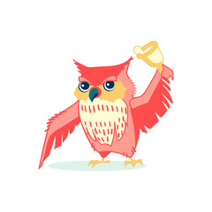 Wise owl ringing school golden bell. Clever bird teacher Character. Pupil going to school. Back to school concept cartoon vector illustration on white background