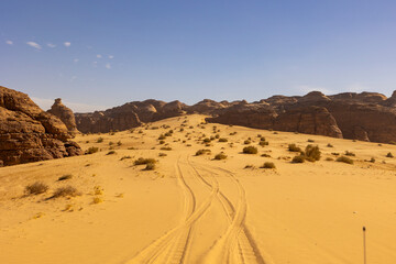 Fototapeta na wymiar Natural outcrop rock formations in the Sharaan Nature Reserve in Al Ula, north west Saudi Arabia